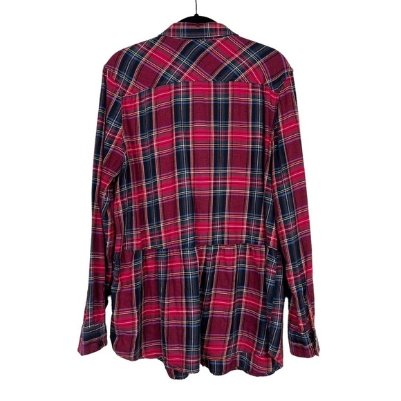 Beach Lunch Lounge Red Plaid Button Up Long Sleeve Peplum Flannel Shirt Size M - Picture 3 of 7